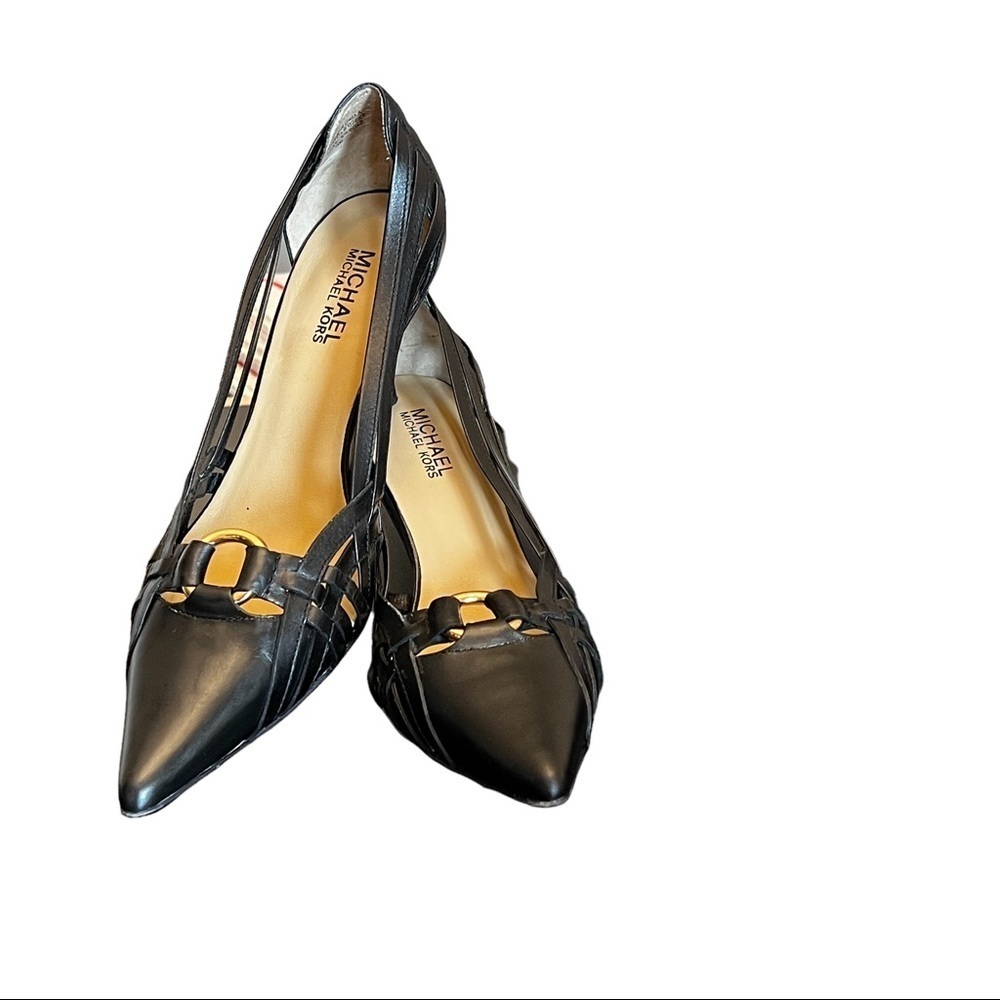 MICHAEL Michael Kors Black Pointed Toe Flats with Gold Accent